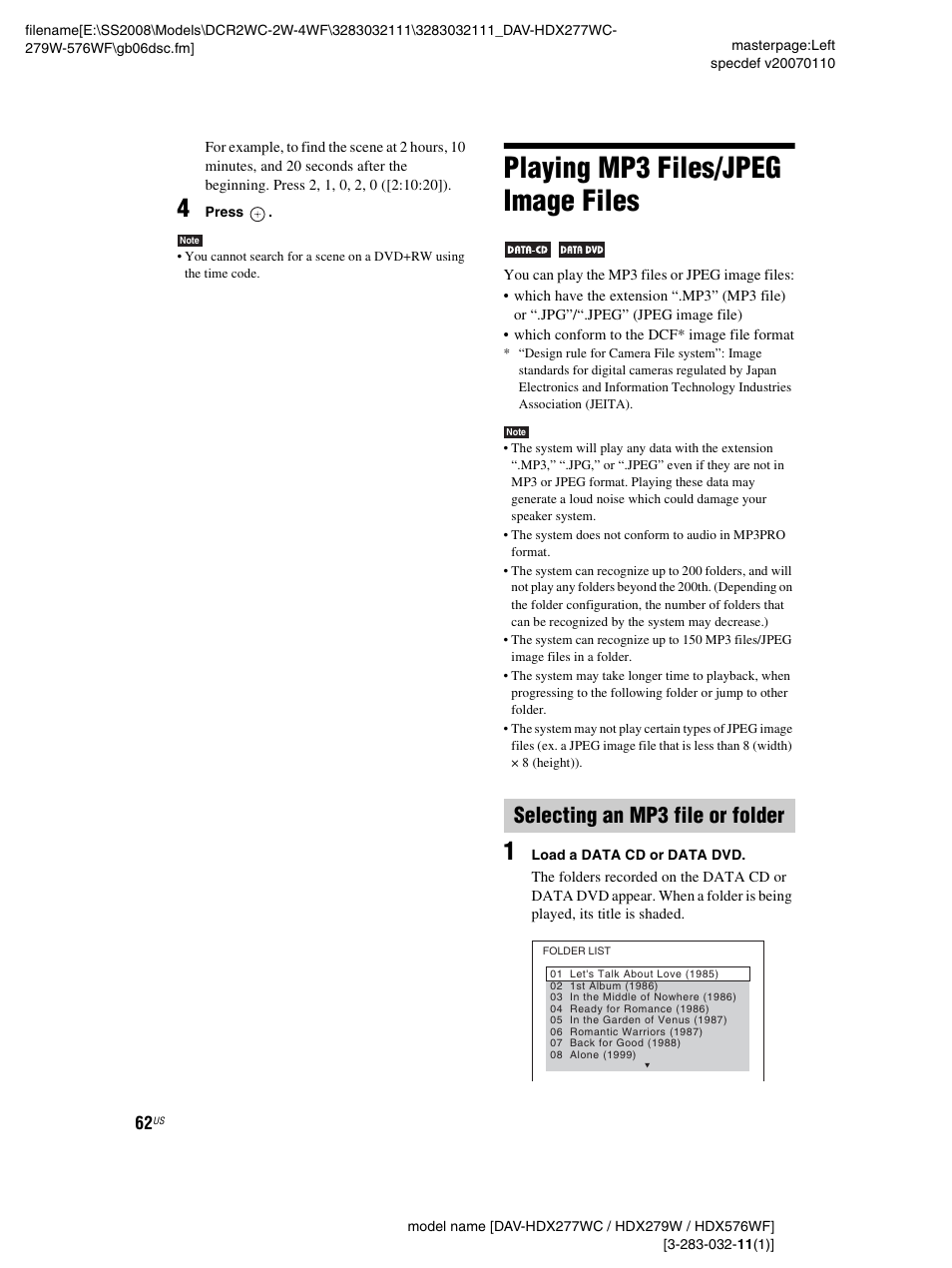 Playing mp3 files/jpeg image files, Selecting an mp3 file or folder | Sony DAV-HDX277WC User Manual | Page 62 / 124