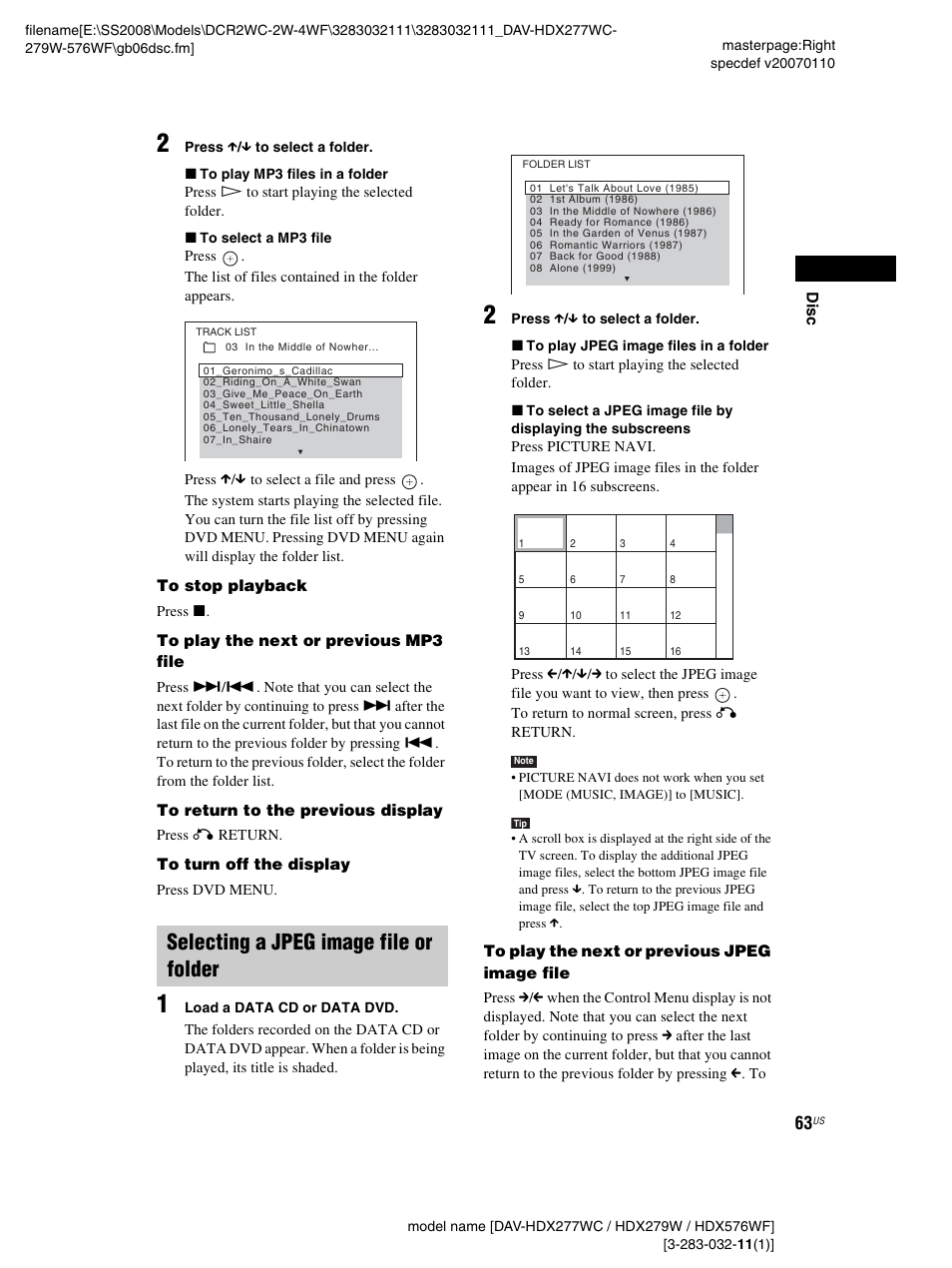 Selecting a jpeg image file or folder | Sony DAV-HDX277WC User Manual | Page 63 / 124