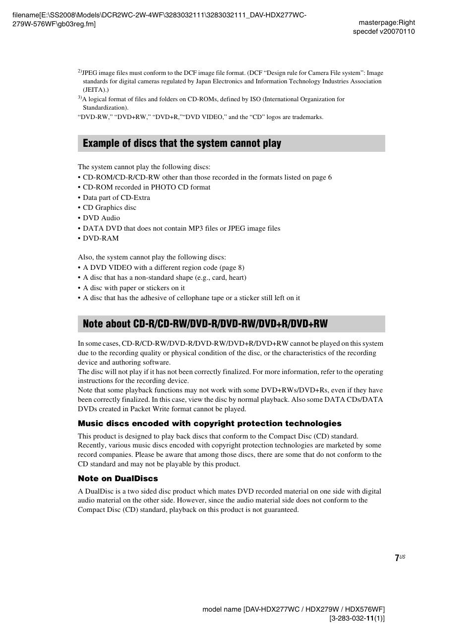 Example of discs that the system cannot play, Note about cd-r/cd-rw/dvd-r/dvd-rw/dvd+r/dvd+rw | Sony DAV-HDX277WC User Manual | Page 7 / 124