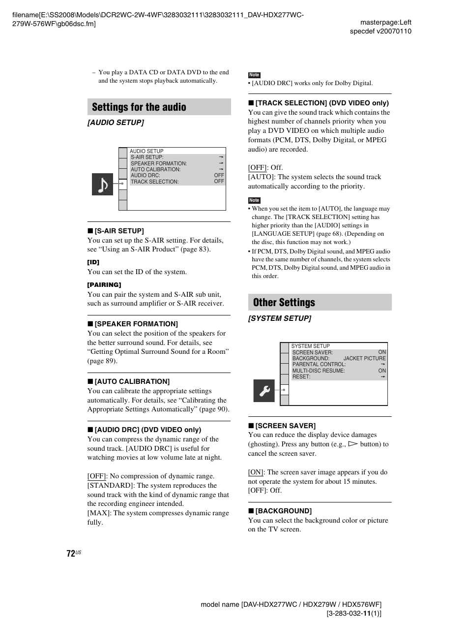 Settings for the audio, Other settings | Sony DAV-HDX277WC User Manual | Page 72 / 124