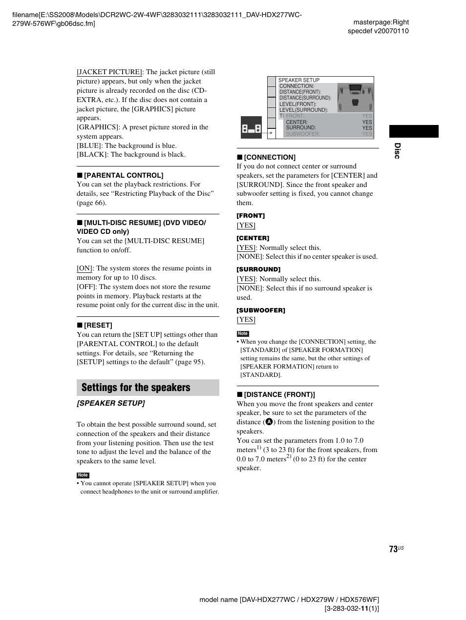 Settings for the speakers | Sony DAV-HDX277WC User Manual | Page 73 / 124