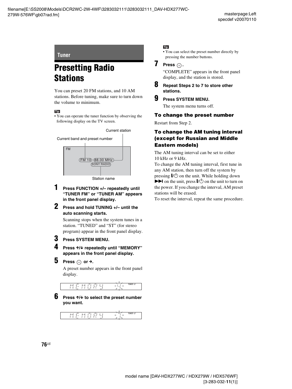 Tuner, Presetting radio stations | Sony DAV-HDX277WC User Manual | Page 76 / 124