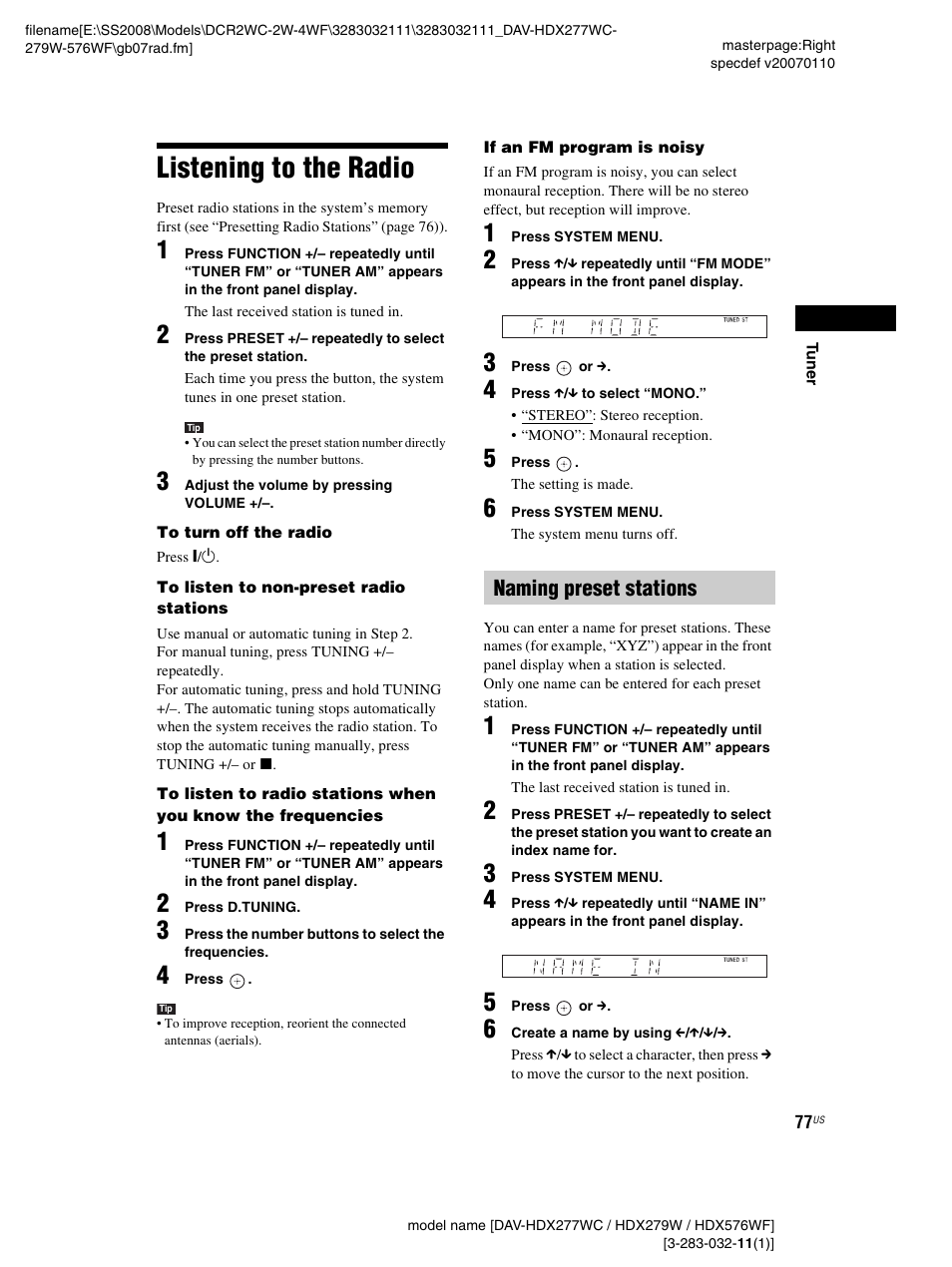 Listening to the radio, Naming preset stations | Sony DAV-HDX277WC User Manual | Page 77 / 124