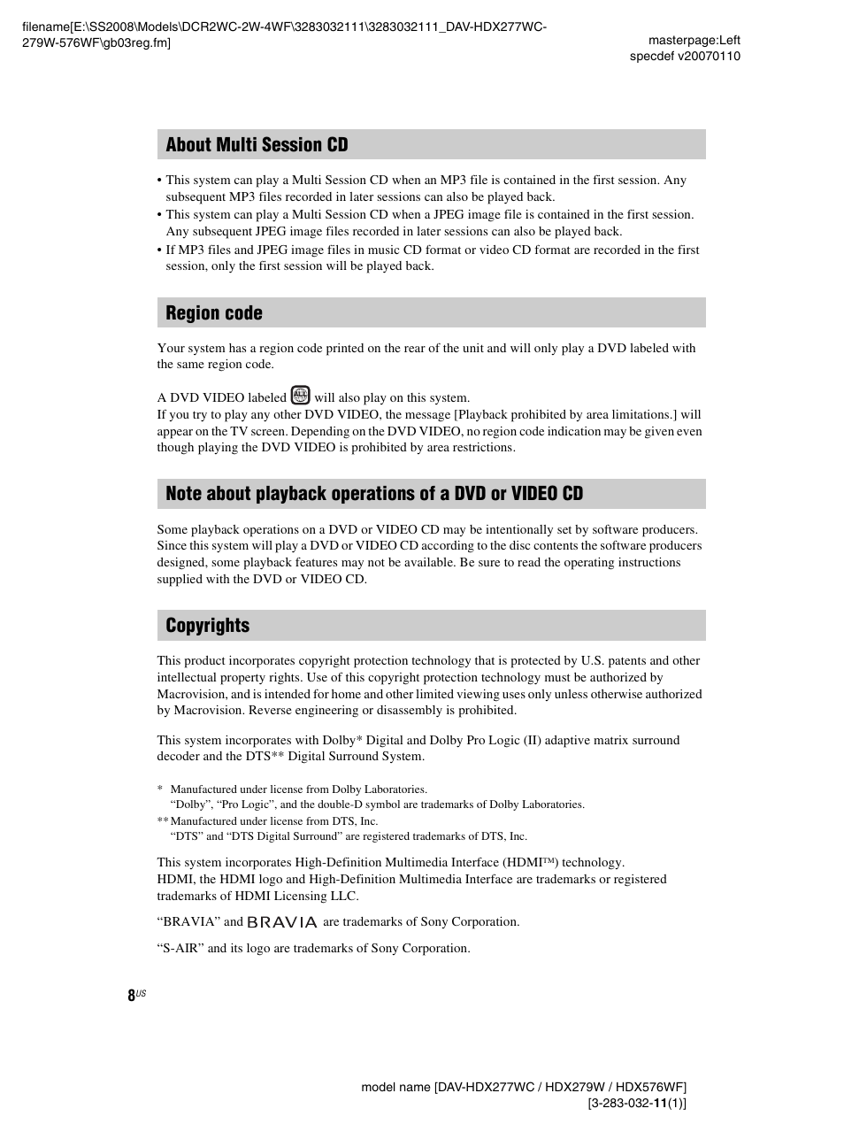 About multi session cd, Region code, Copyrights | Sony DAV-HDX277WC User Manual | Page 8 / 124