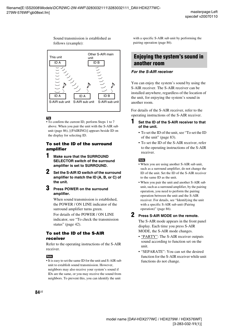 Enjoying the system’s sound in another room | Sony DAV-HDX277WC User Manual | Page 84 / 124