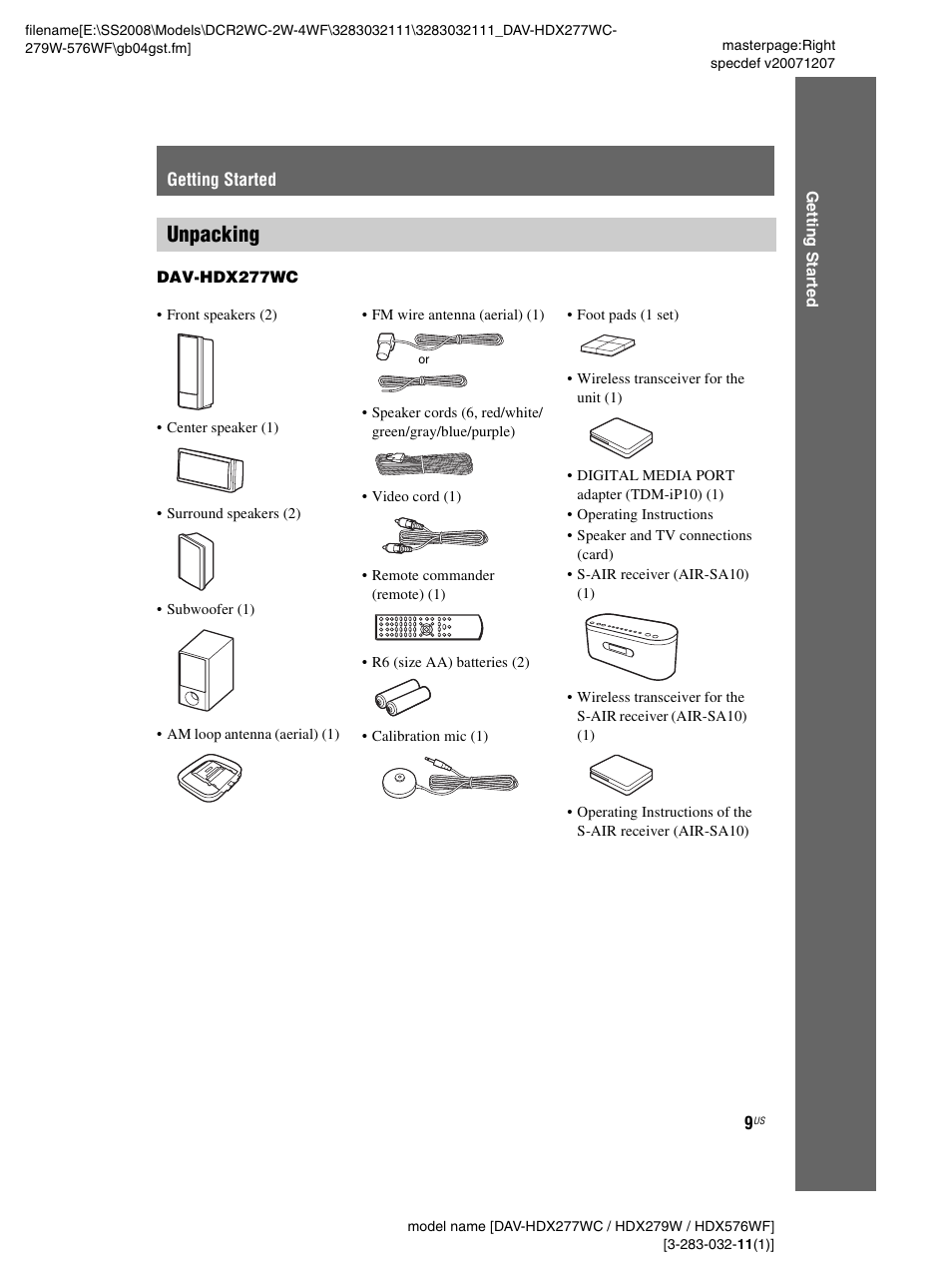 Getting started, Unpacking | Sony DAV-HDX277WC User Manual | Page 9 / 124