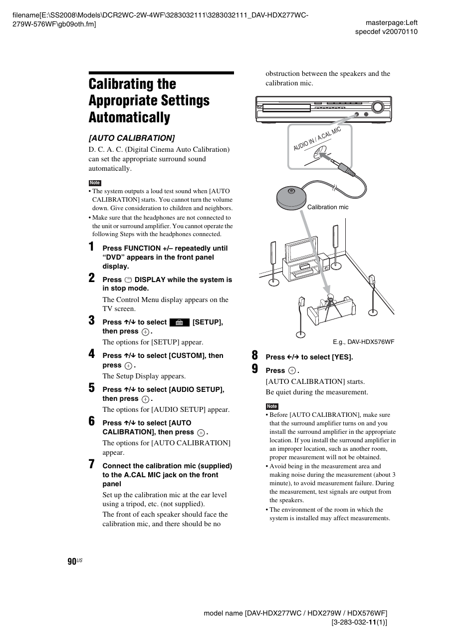 Calibrating the appropriate settings automatically, Calibrating the appropriate settings, Automatically | Sony DAV-HDX277WC User Manual | Page 90 / 124