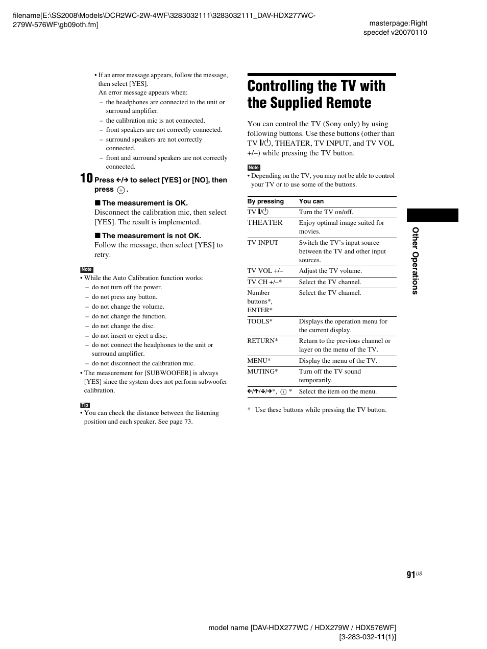 Controlling the tv with the supplied remote, Controlling the tv with the supplied, Remote | Sony DAV-HDX277WC User Manual | Page 91 / 124