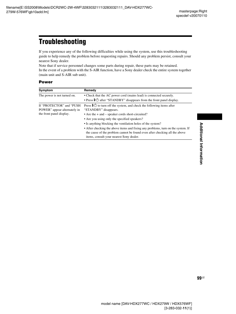 Troubleshooting | Sony DAV-HDX277WC User Manual | Page 99 / 124