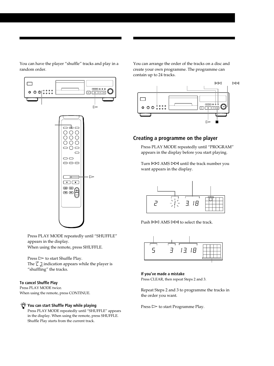 Playing in random order (shuffle play), Creating your own programme (programme play), Playing cds | Playing cds 3, Creating a programme on the player 1 | Sony CDP-XB630 User Manual | Page 13 / 64