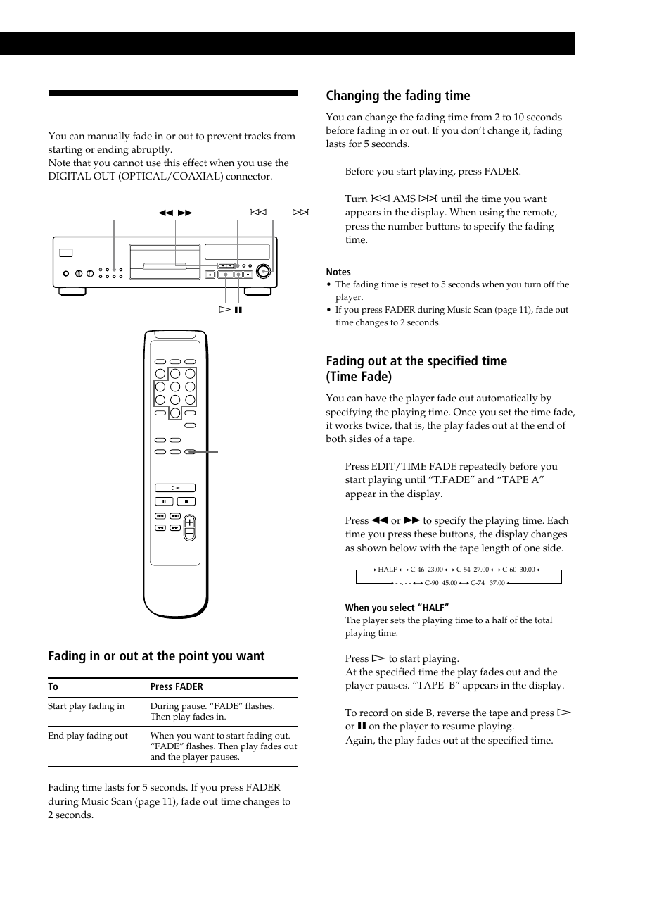 Fading in or out, Recording from cds, Fading in or out at the point you want | Changing the fading time, Fading out at the specified time (time fade) | Sony CDP-XB630 User Manual | Page 17 / 64