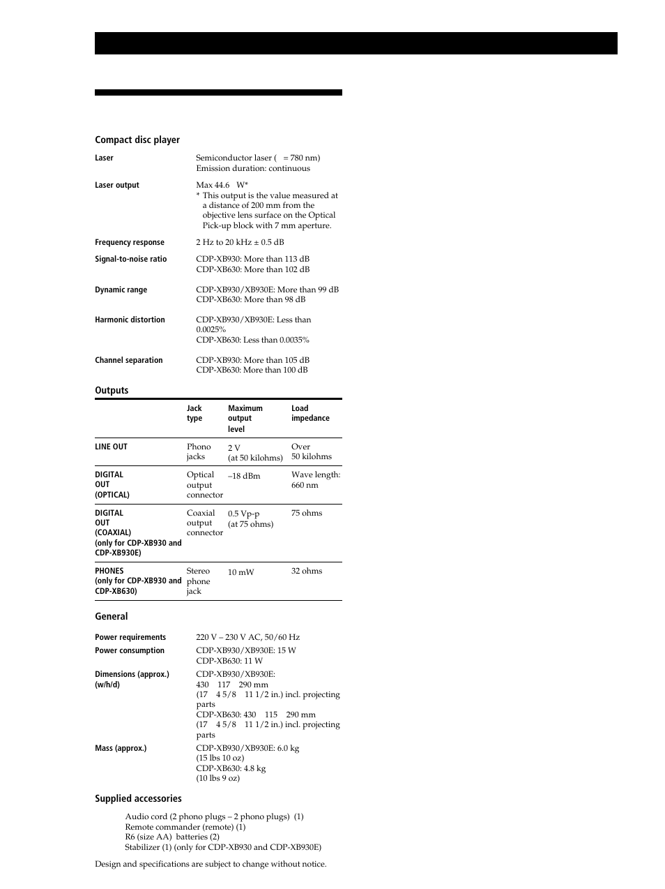 Specifications, Additional information | Sony CDP-XB630 User Manual | Page 20 / 64