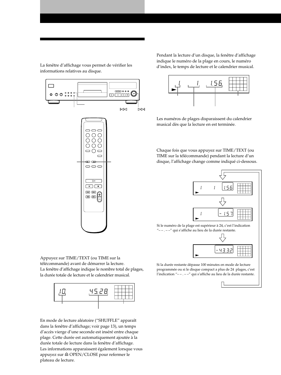 Utilisation de la fenêtre d’affichage, Lecture de disques compacts, Vérification de la durée restante | Sony CDP-XB630 User Manual | Page 28 / 64