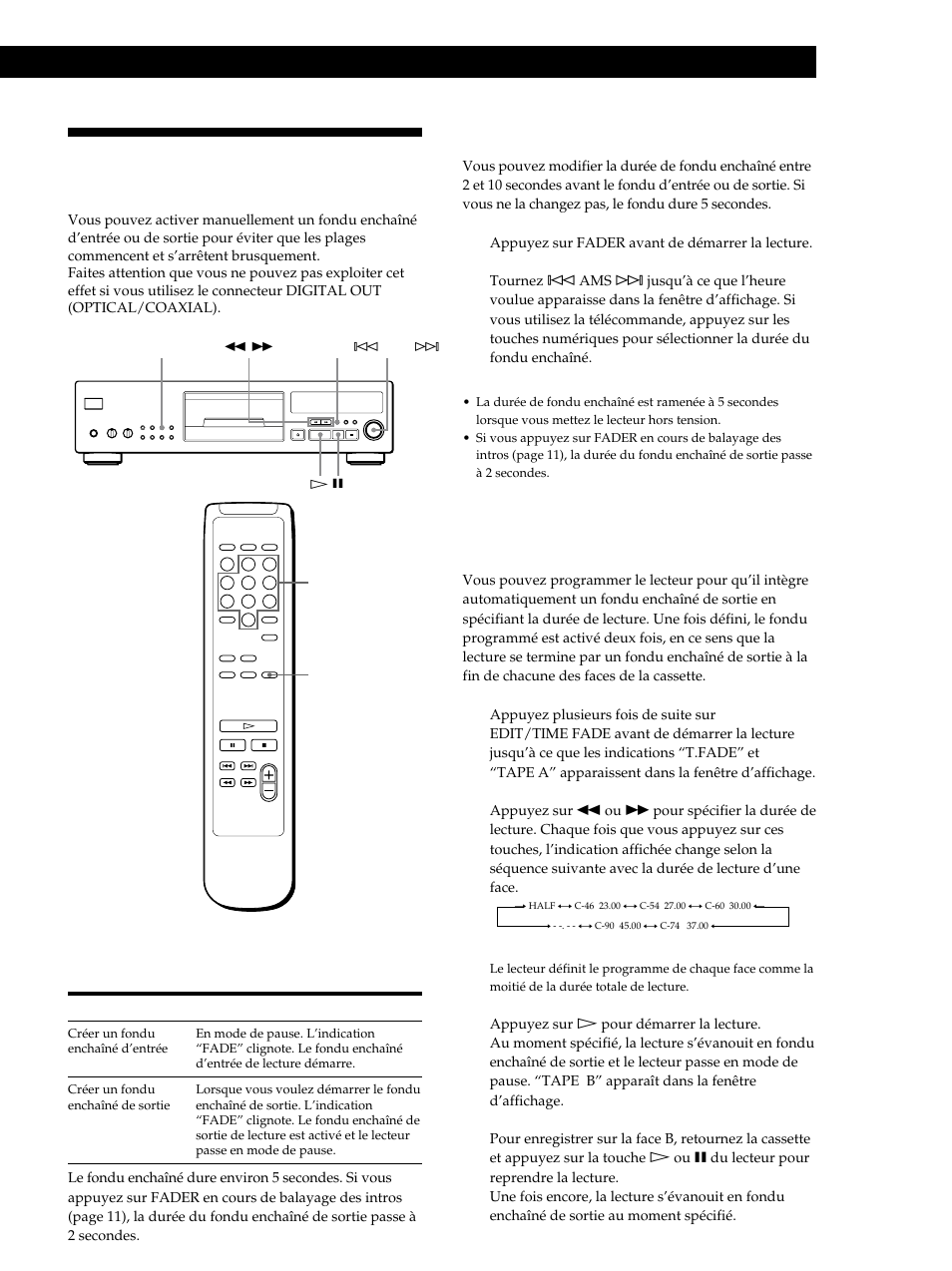 Fondu enchaîné d’entrée et de sortie, Enregistrement de disques compacts, Création d’un fondu enchaîné d’entrée ou de sortie | Modification de la durée de fondu enchaîné | Sony CDP-XB630 User Manual | Page 37 / 64