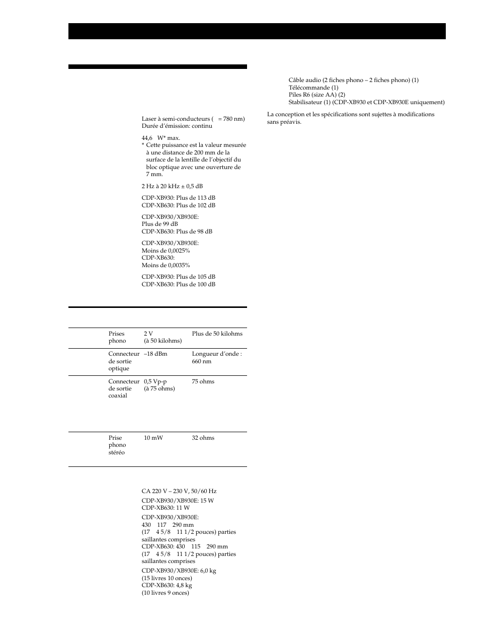 Spécifications, Informations complémentaires | Sony CDP-XB630 User Manual | Page 40 / 64