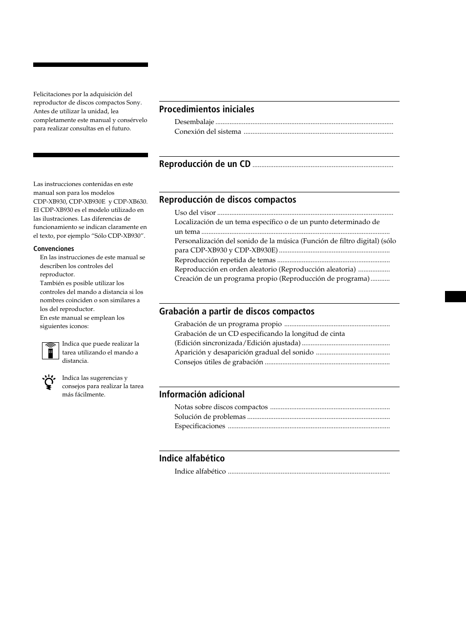 Bienvenido, Acerca de este manual, Ndice | Sony CDP-XB630 User Manual | Page 43 / 64