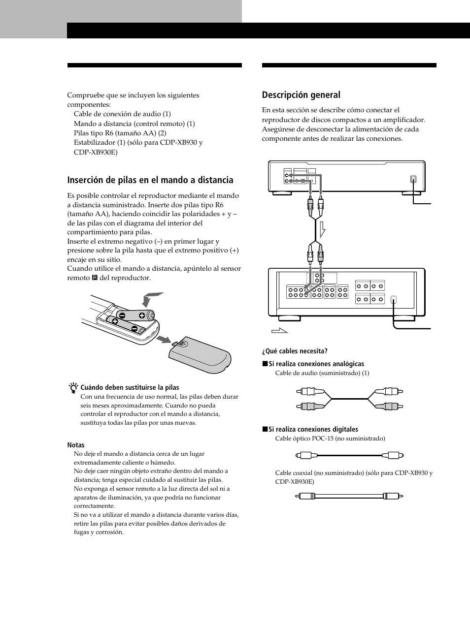 Conexión del sistema, Desembalaje, Procedimientos iniciales | Descripción general, Inserción de pilas en el mando a distancia | Sony CDP-XB630 User Manual | Page 44 / 64