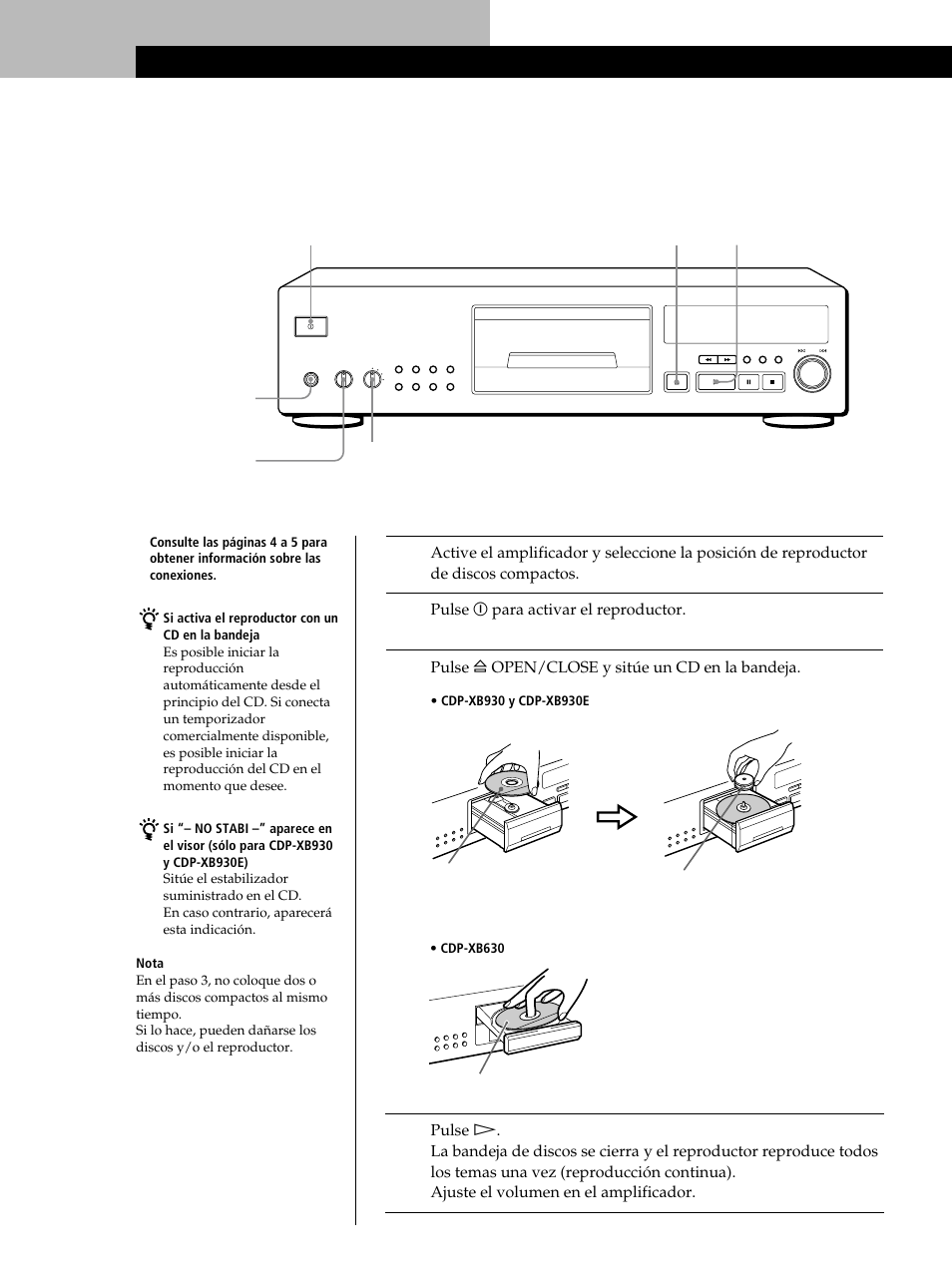 Reproducción de un cd, Operaciones básicas | Sony CDP-XB630 User Manual | Page 46 / 64