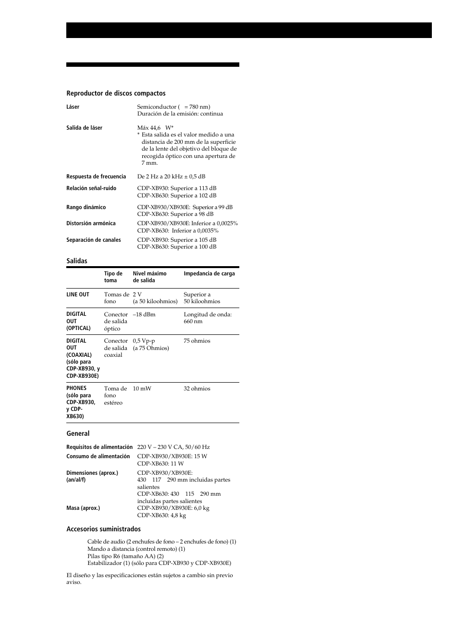 Especificaciones, Información adicional | Sony CDP-XB630 User Manual | Page 60 / 64