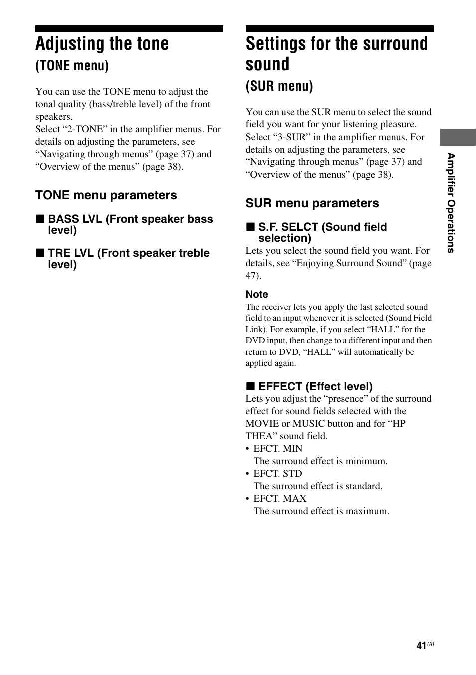 Adjusting the tone (tone menu), Settings for the surround sound (sur menu), Sur menu) | Adjusting the tone, Settings for the surround sound, Tone menu) | Sony HT-DDWG800 User Manual | Page 41 / 80