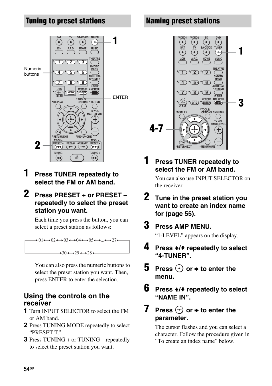 Tuning to preset stations, Naming preset stations, Using the controls on the receiver | Press tuner repeatedly to select the fm or am band, Press amp menu, Press v / v repeatedly to select “4-tuner, Press or b to enter the menu, Press v / v repeatedly to select “name in, Press or b to enter the parameter, Turn input selector to select the fm or am band | Sony HT-DDWG800 User Manual | Page 54 / 80