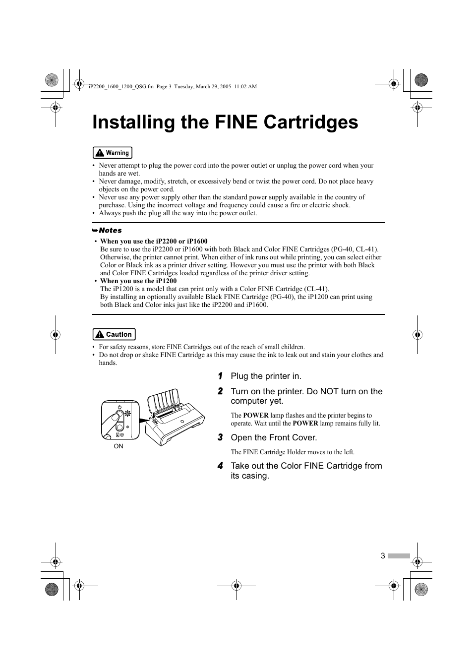 Installing the fine cartridges | Sony iP1200 User Manual | Page 5 / 20