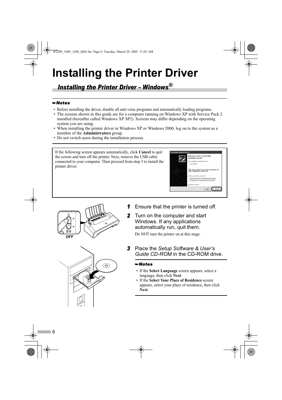 Installing the printer driver, Installing the printer driver – windows | Sony iP1200 User Manual | Page 8 / 20
