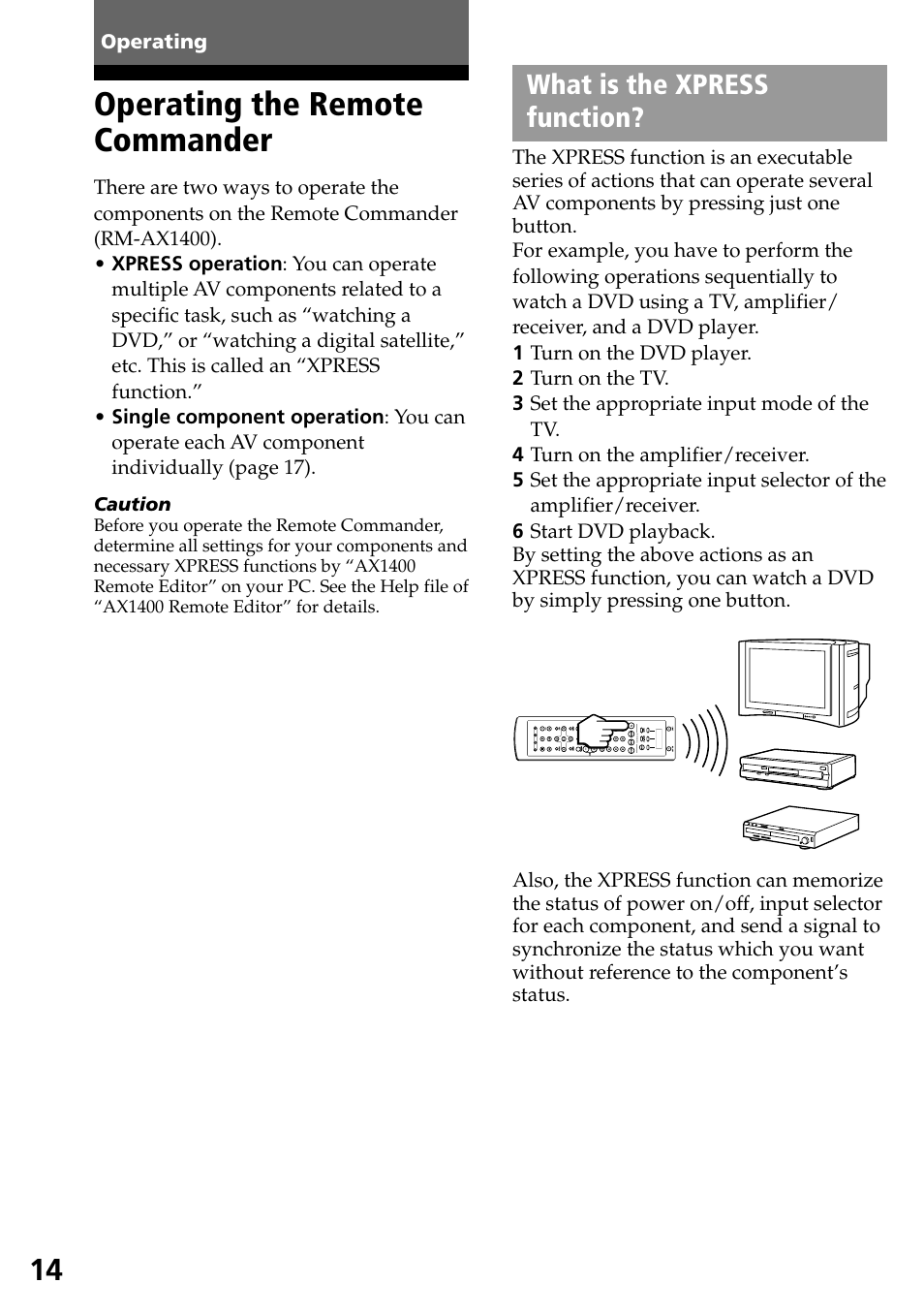 Operating, Operating the remote commander, What is the xpress function | Sony RM-AX1400 User Manual | Page 14 / 32