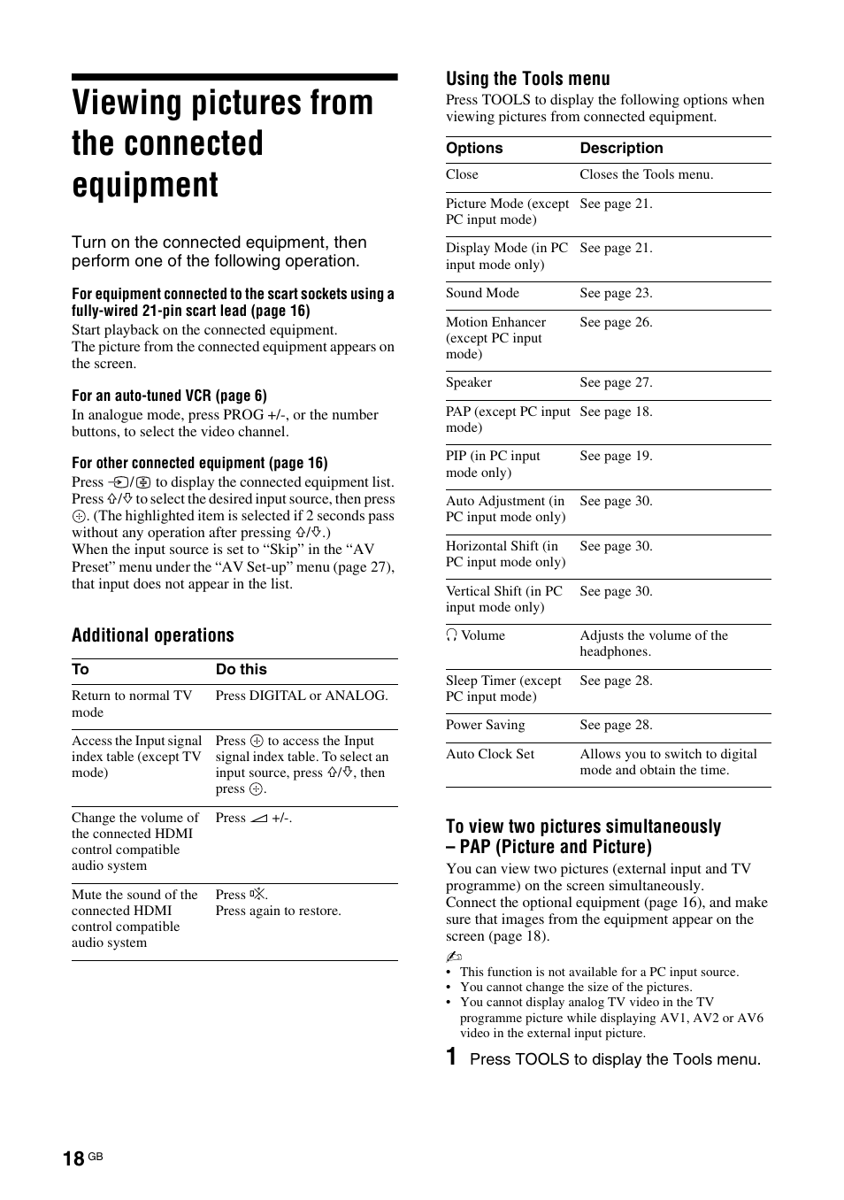 Viewing pictures from the connected equipment | Sony Bravia KDL-32D3010 User Manual | Page 18 / 132