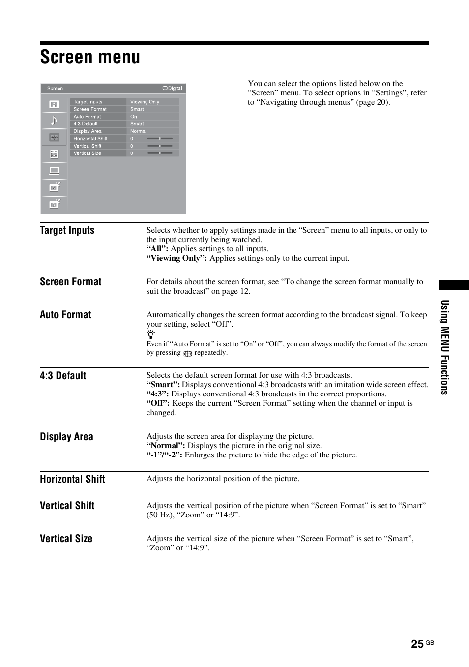 Screen menu | Sony Bravia KDL-32D3010 User Manual | Page 25 / 132