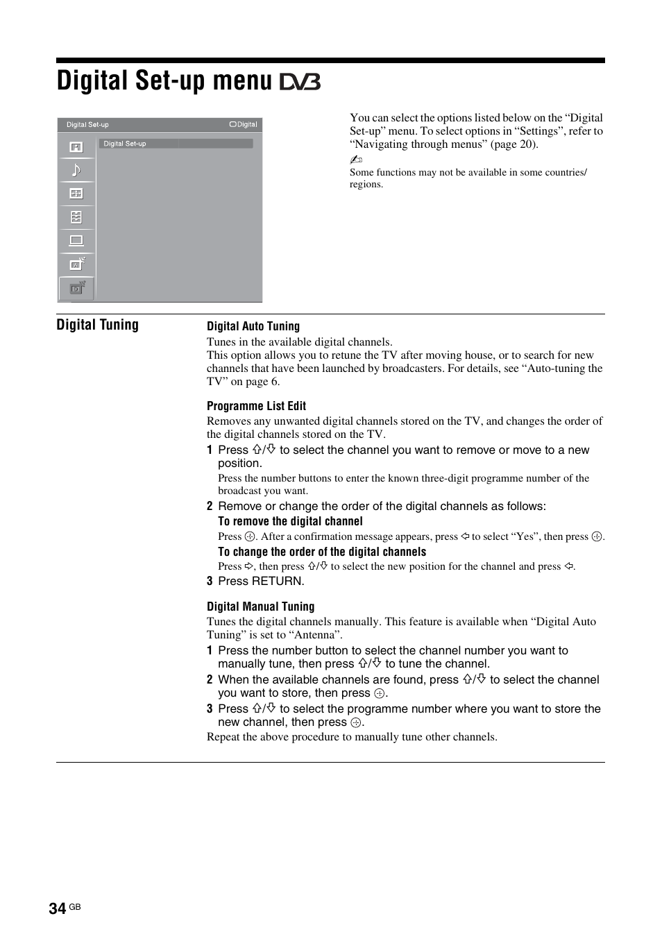 Digital set-up menu | Sony Bravia KDL-32D3010 User Manual | Page 34 / 132