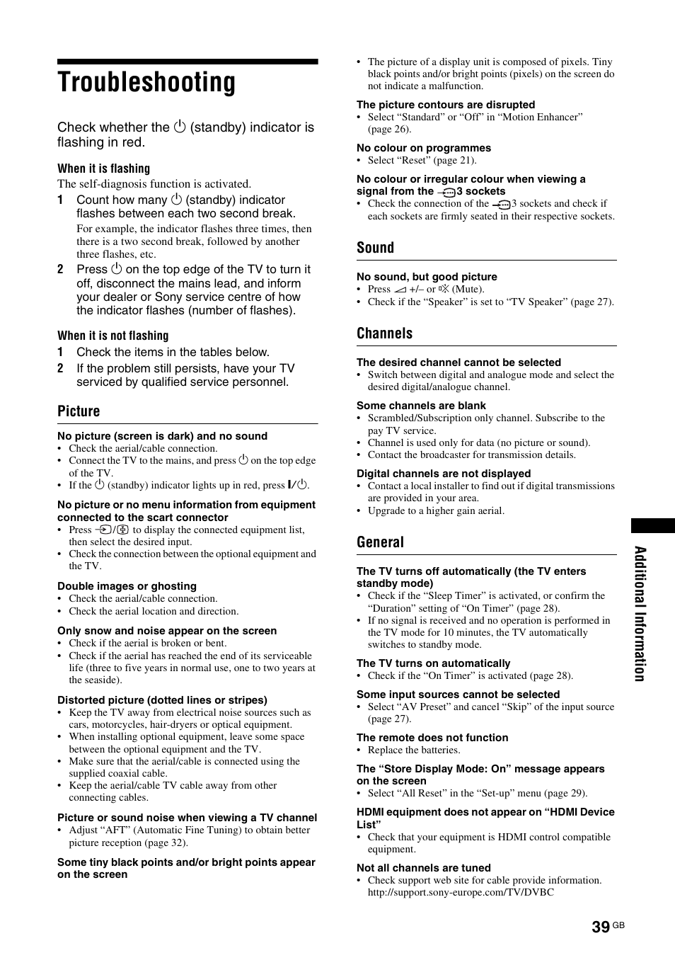 Troubleshooting, Picture, Sound | Channels, General | Sony Bravia KDL-32D3010 User Manual | Page 39 / 132