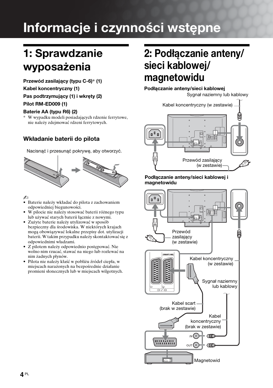 Informacje i czynności wstępne, Sprawdzanie wyposażenia, Podłączanie anteny/ sieci kablowej/ magnetowidu | Sony Bravia KDL-32D3010 User Manual | Page 88 / 132