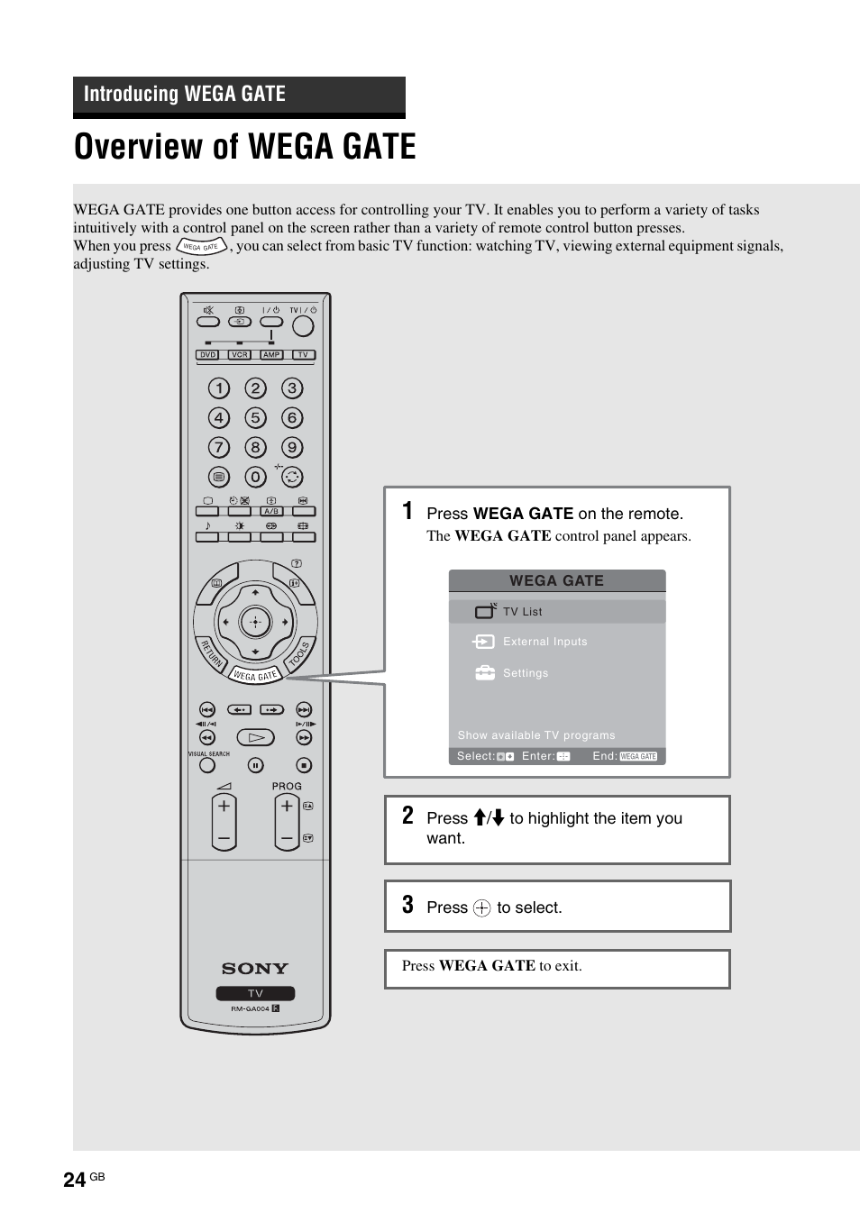 Introducing wega gate, Overview of wega gate | Sony KF-E42A10 User Manual | Page 24 / 60