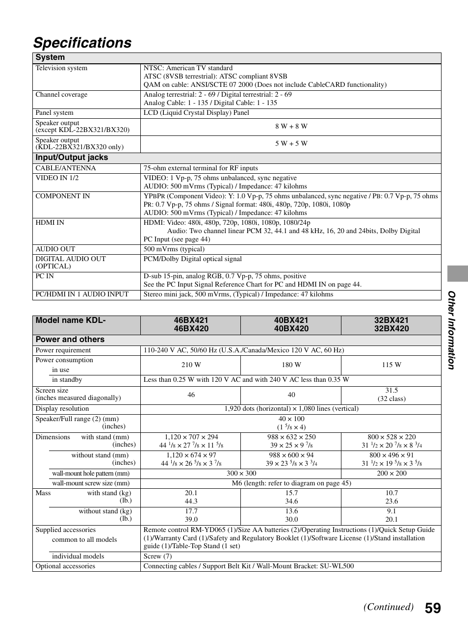 Specifications, Continued), Othe r inform ation | Sony BRAVIA KDL-22BX321 User Manual | Page 59 / 64