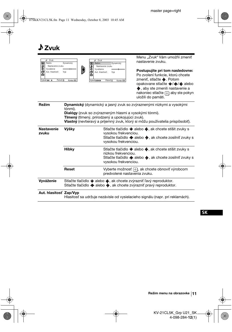 Zvuk | Sony KV-21CL5K User Manual | Page 119 / 128