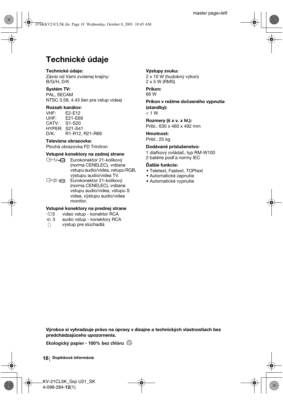 Technické údaje | Sony KV-21CL5K User Manual | Page 126 / 128
