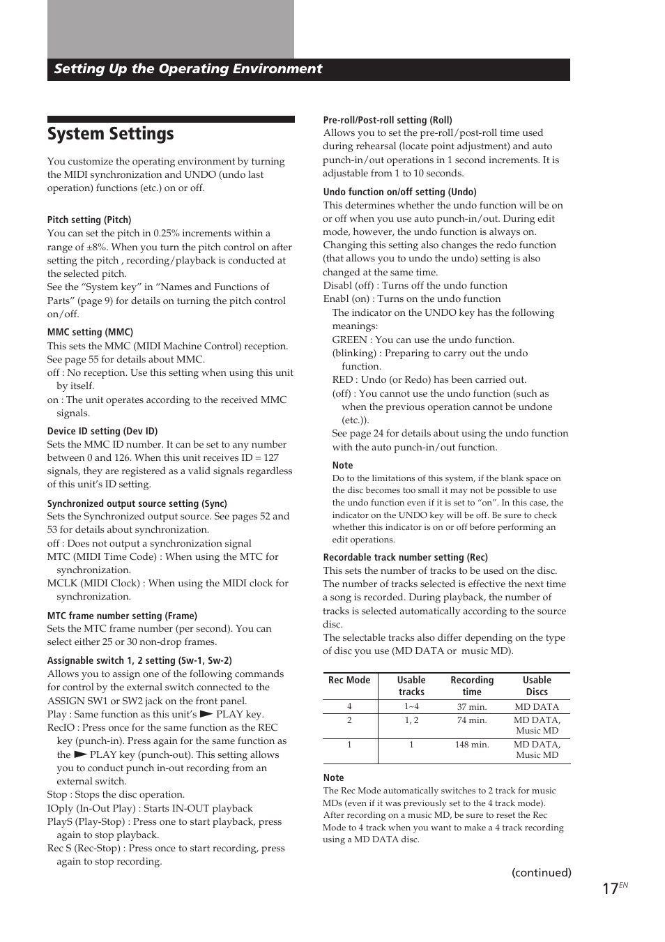 System settings, Setting up the operating environment | Sony MDM-X4 User Manual | Page 17 / 194
