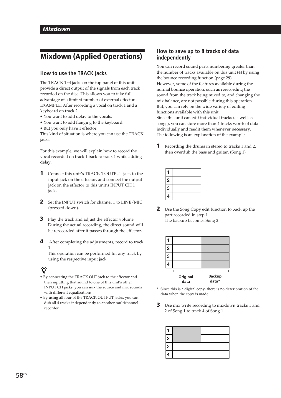 Mixdown (applied operations), How to use the track jacks | Sony MDM-X4 User Manual | Page 58 / 194