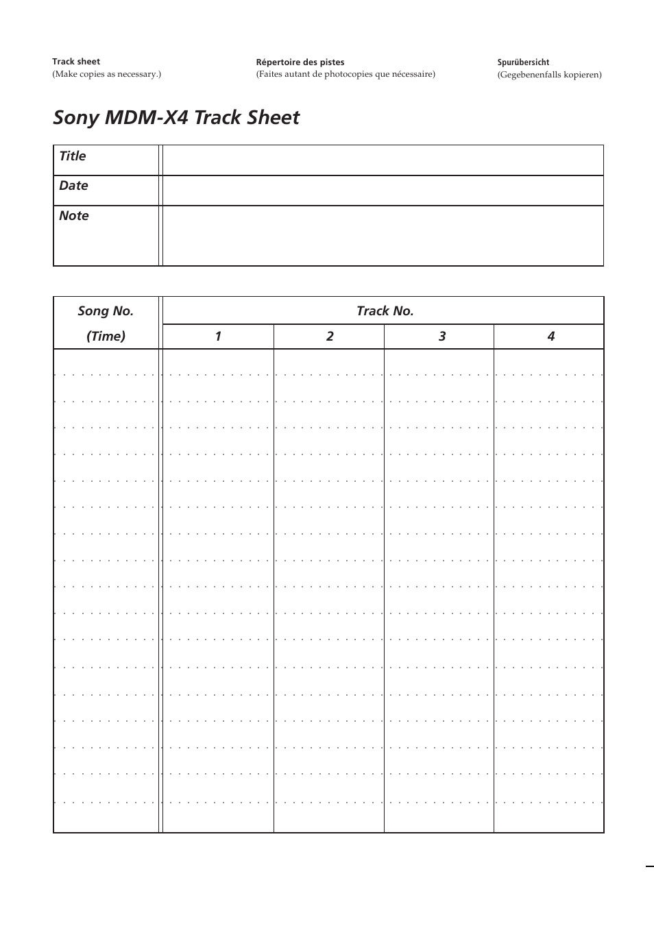 Sony mdm-x4 track sheet | Sony MDM-X4 User Manual | Page 66 / 194
