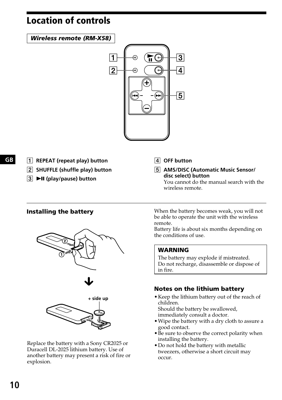 Location of controls | Sony CDX-525RF User Manual | Page 10 / 52