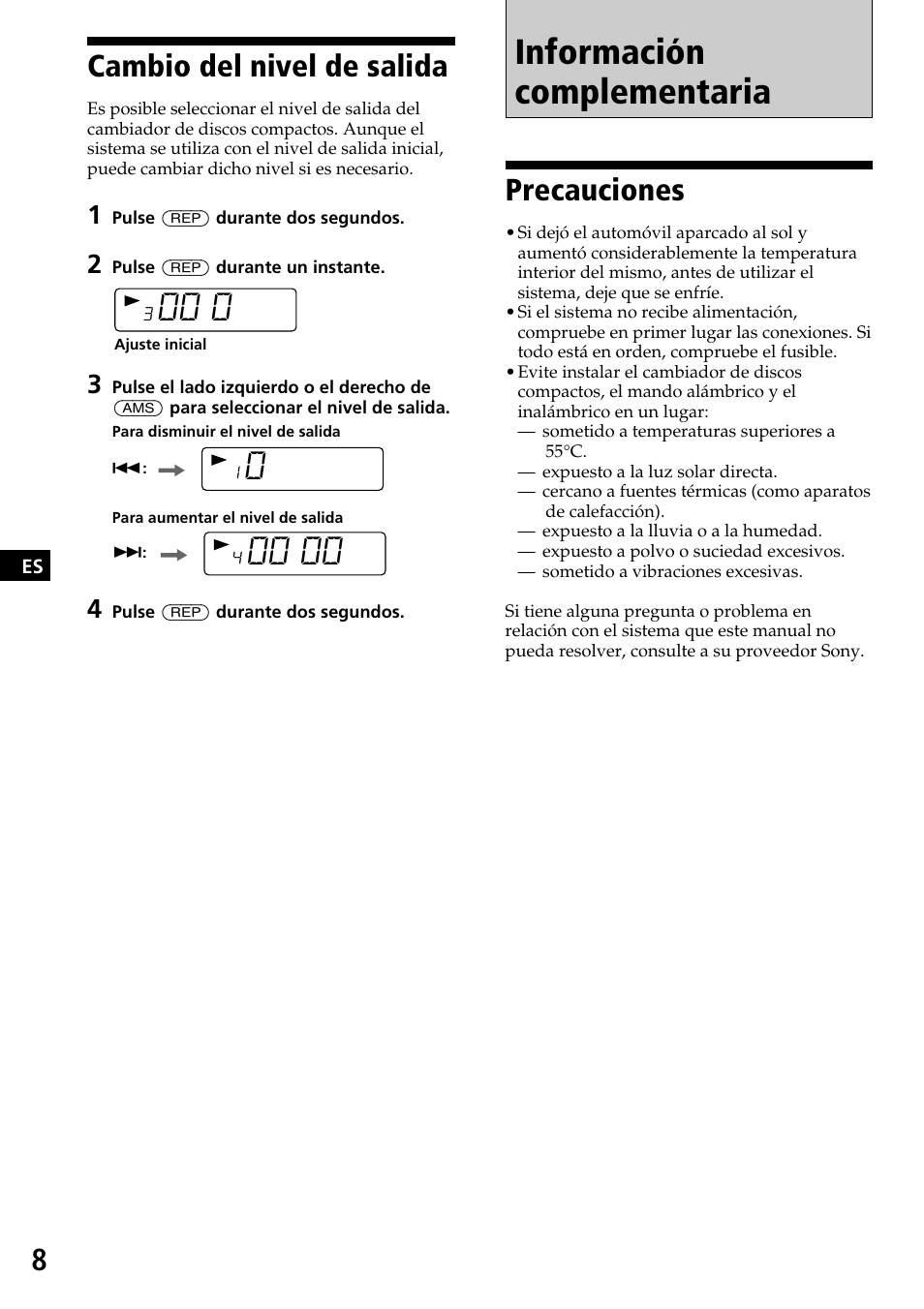 Información complementaria, Cambio del nivel de salida, Precauciones | Sony CDX-525RF User Manual | Page 20 / 52