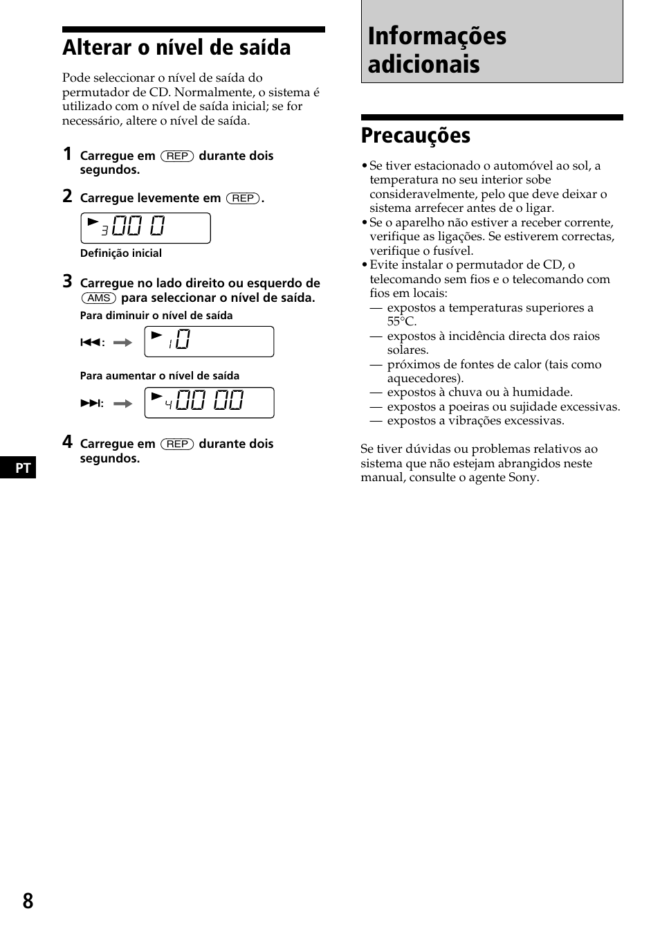 Informações adicionais, Precauções, Alterar o nível de saída | Sony CDX-525RF User Manual | Page 46 / 52
