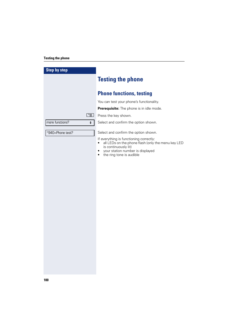 Testing the phone, Phone functions, testing | Sony HIPATH 500 User Manual | Page 100 / 113