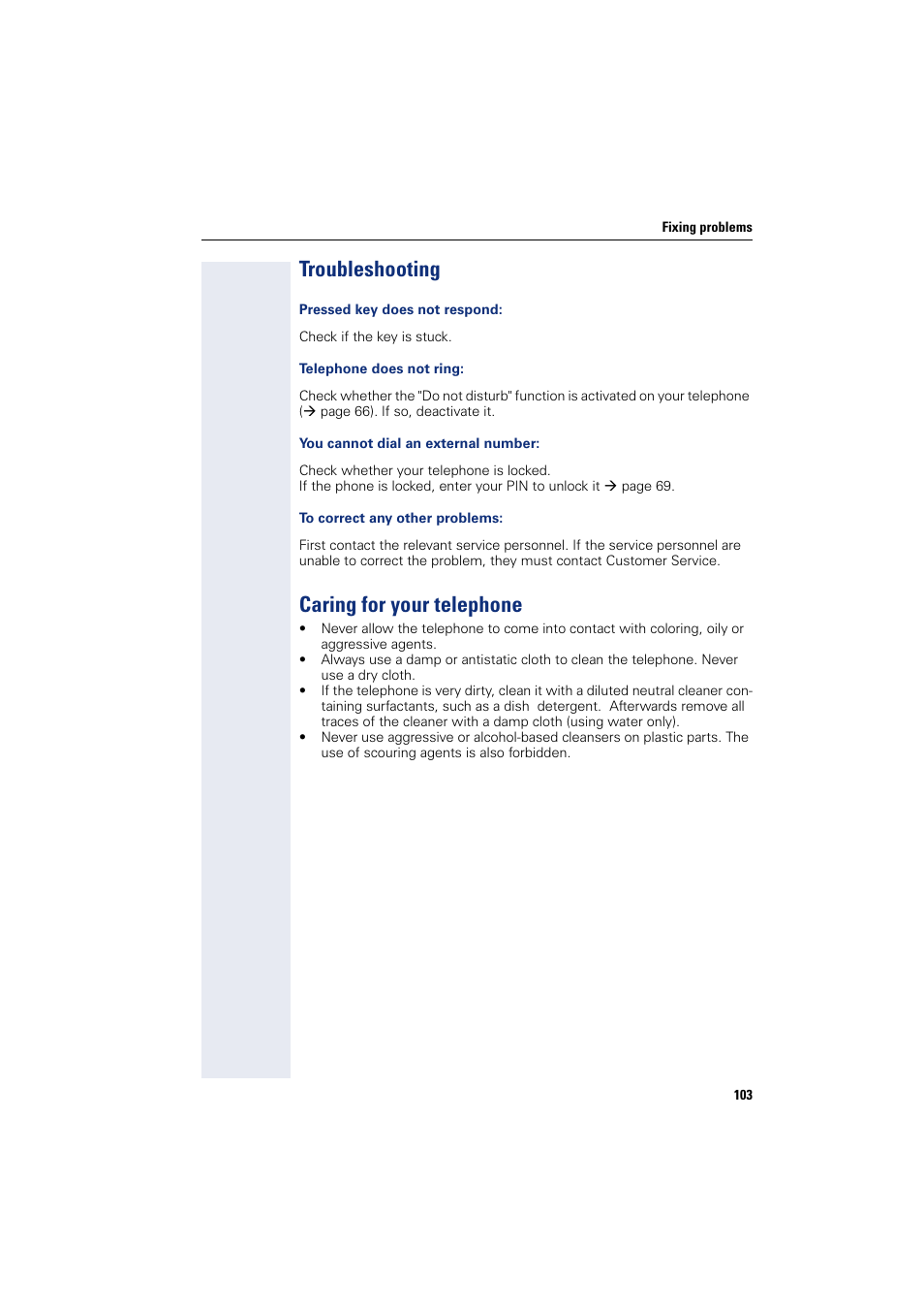 Troubleshooting, Caring for your telephone, Troubleshooting caring for your telephone | Sony HIPATH 500 User Manual | Page 103 / 113