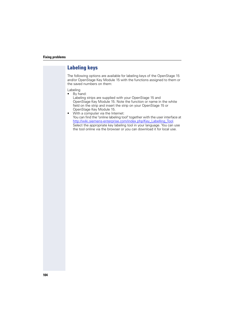 Labeling keys | Sony HIPATH 500 User Manual | Page 104 / 113