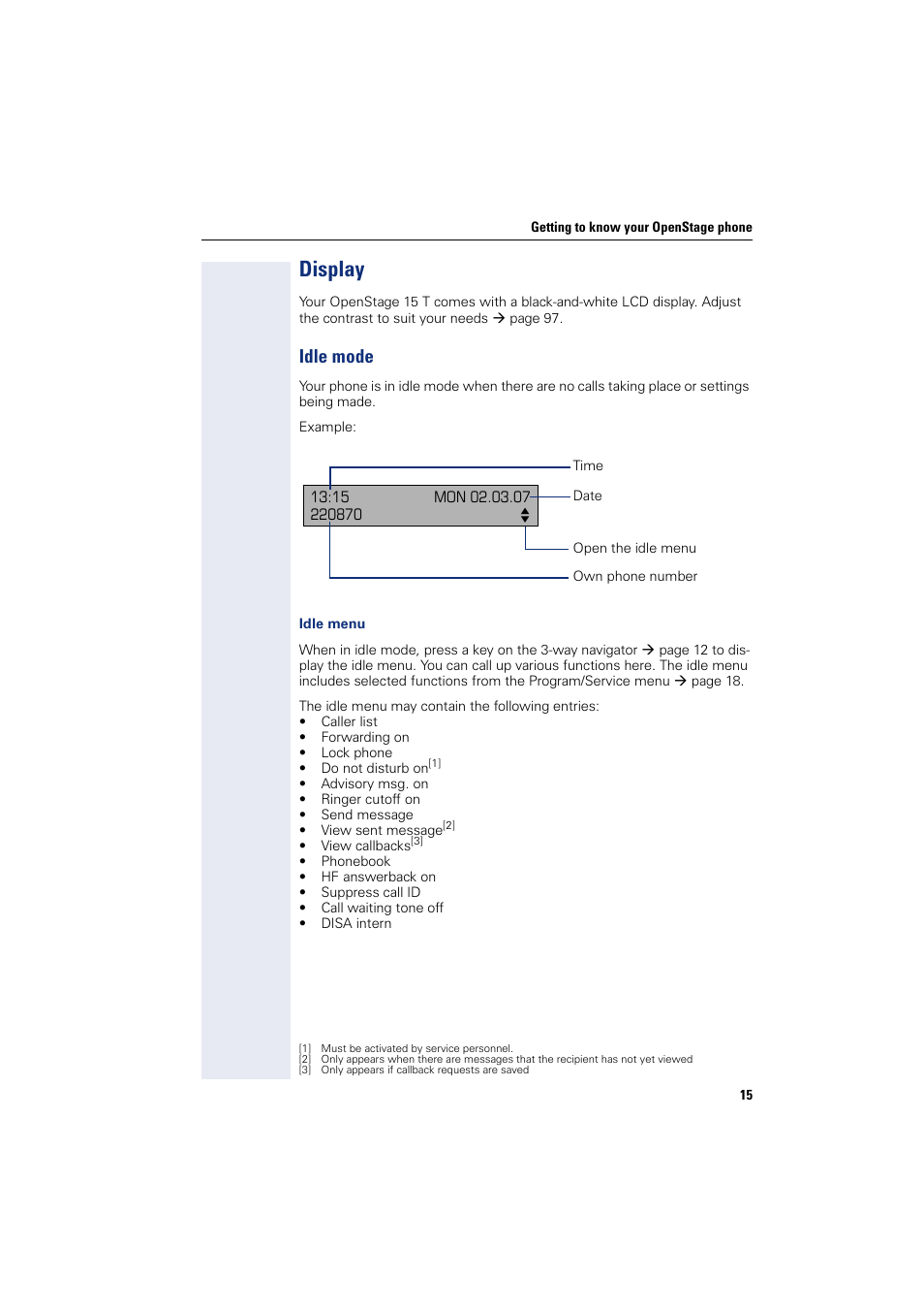 Display, Idle mode | Sony HIPATH 500 User Manual | Page 15 / 113