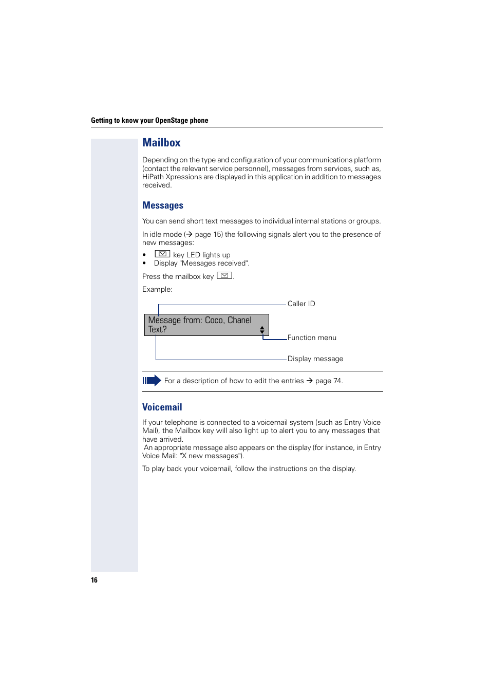 Mailbox, Messages voicemail, Messages | Voicemail | Sony HIPATH 500 User Manual | Page 16 / 113