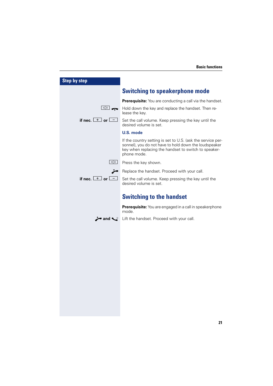 Switching to speakerphone mode, Switching to the handset | Sony HIPATH 500 User Manual | Page 21 / 113