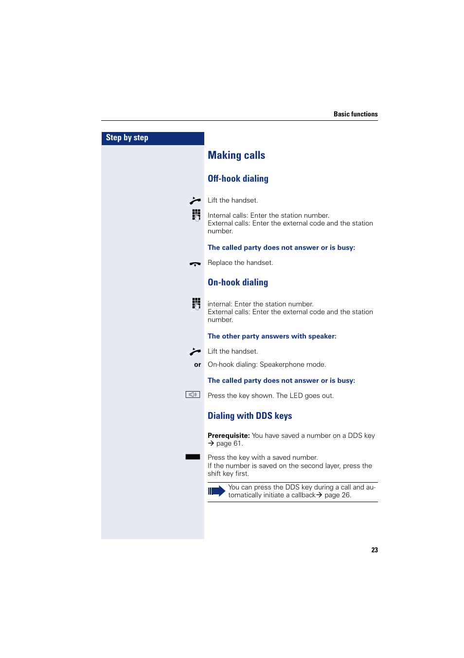 Making calls, Off-hook dialing, On-hook dialing | Dialing with dds keys | Sony HIPATH 500 User Manual | Page 23 / 113